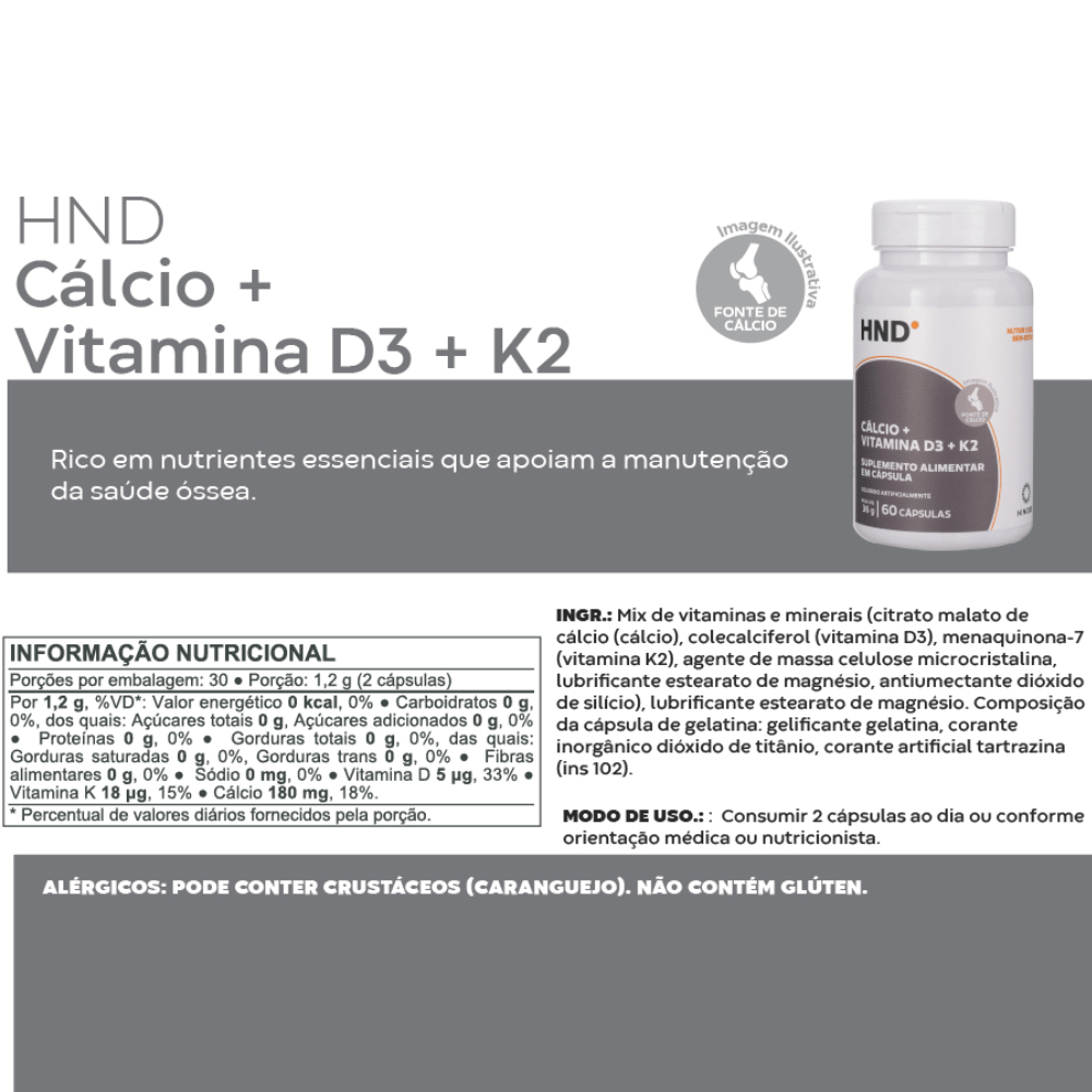 Miniatura de Cálcio + Vitamina D3 + K2 em 60 Cápsulas HND