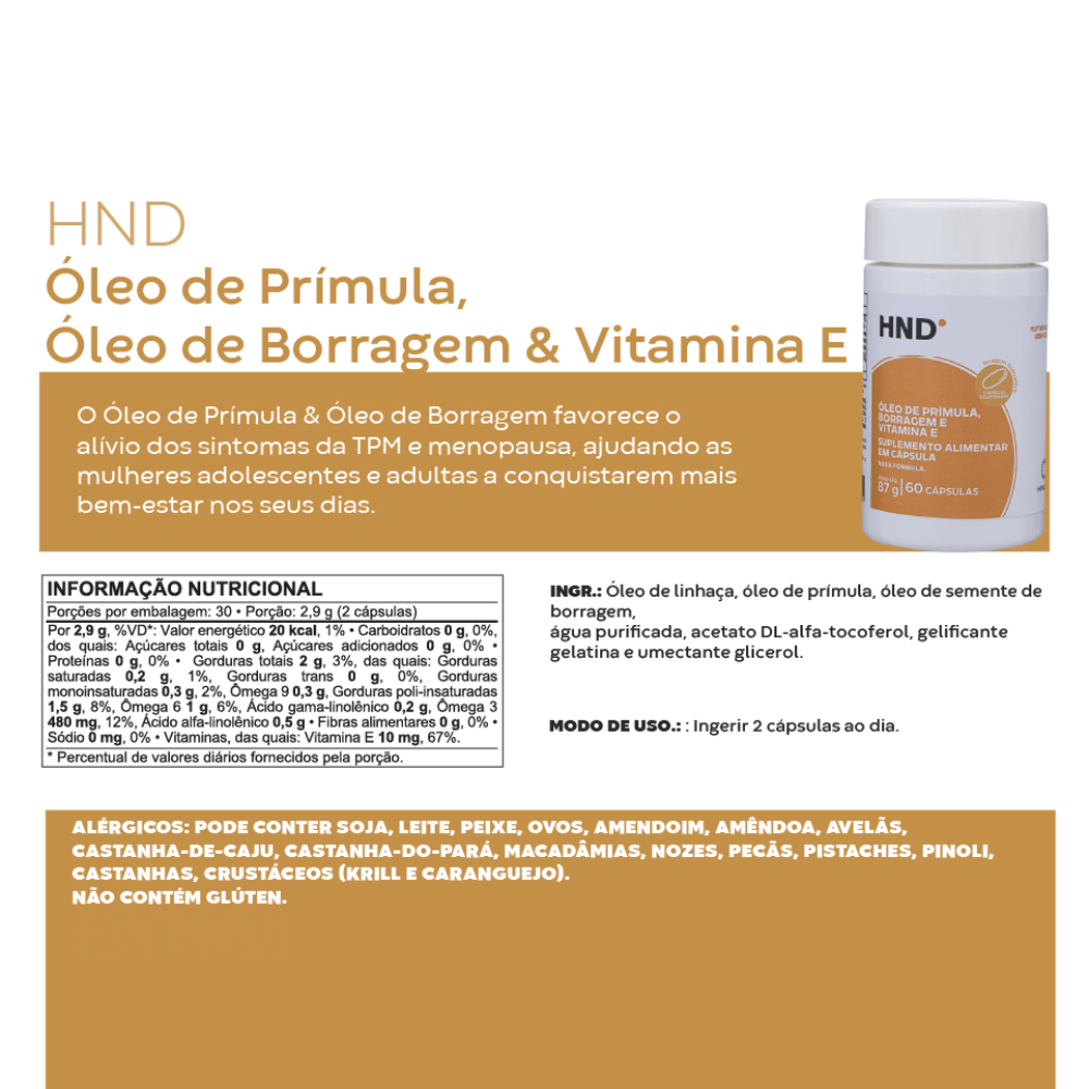 Miniatura de Suplemento Alimentar Óleo de Prímula, Borragem & Vitamina E 60 Cápsulas HND