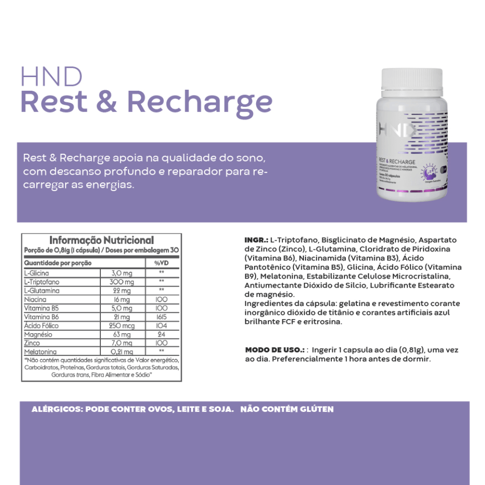 Miniatura de Suplemento Alimentar Com Melatonina HND Rest & Recharge 30 Cápsulas
