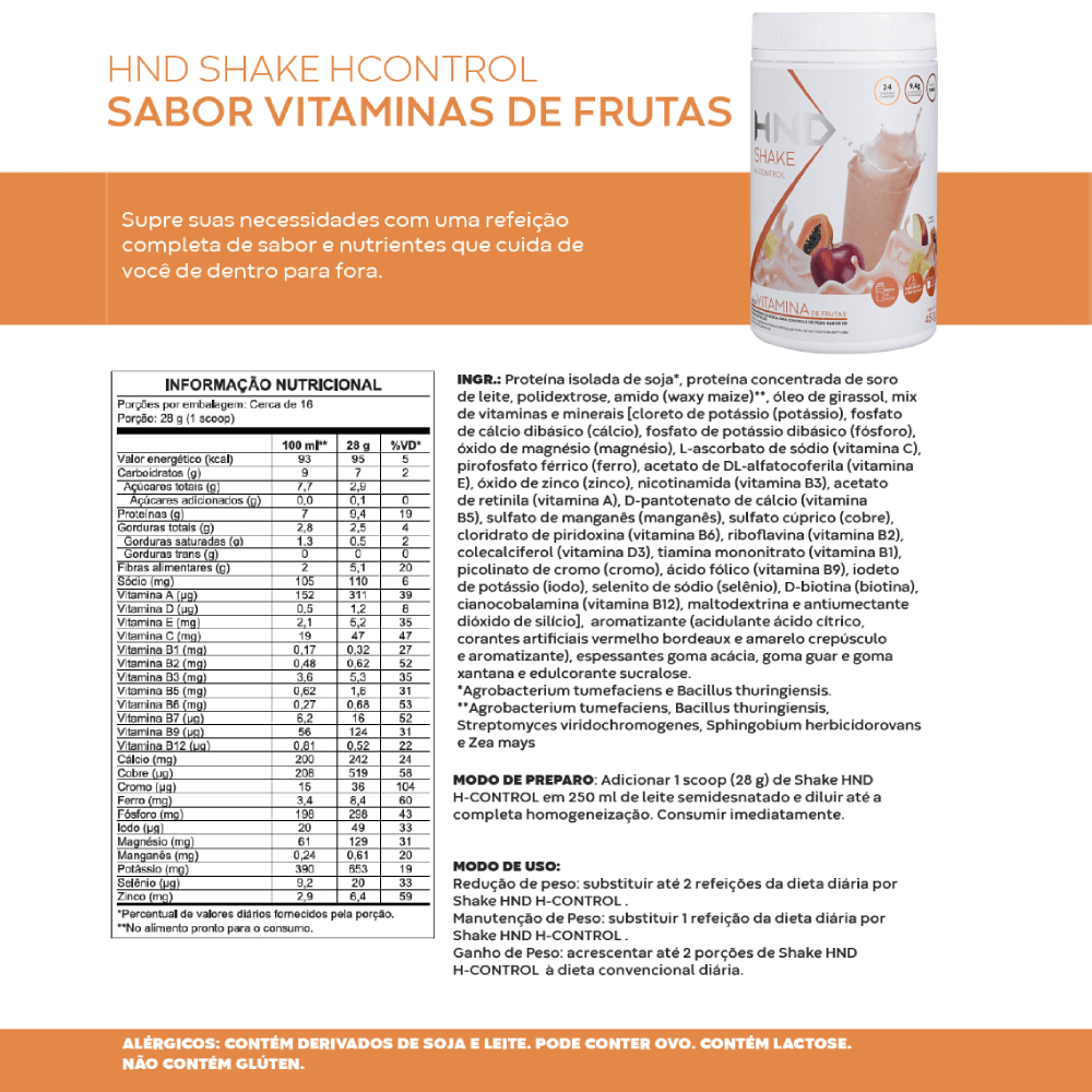 Imagem 3 de Shake H-Control Sabor Vitamina de Frutas HND 450g